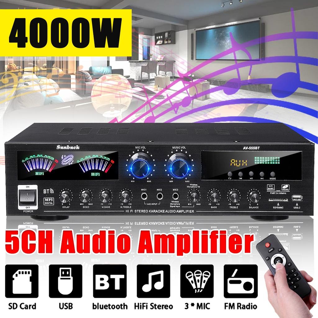 AV555BT 4000 Вт 5-канальный усилитель для домашнего кинотеатра 12 В Bluetooth домашний усилитель мощности аудио стерео усилитель FM USB SD 3 микрофона с пультом дистанционного управления