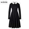 Готическое женское платье, элегантное платье трапециевидной формы, женское черное винтажное платье с воротником Питера Пэна и длинными рукавами
