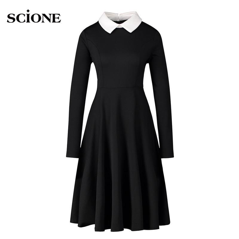 Готическое женское платье, элегантное платье трапециевидной формы, женское черное винтажное платье с воротником Питера Пэна и длинными рукавами