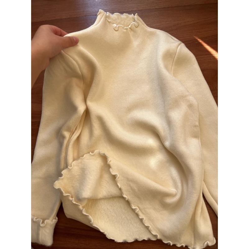 Свитер из флиса с грибным краем, утолщенный, с полувысоким воротником, женский, весенний, мягкий, восковой, для ношения под низ, топ с вязаным свитером внутри