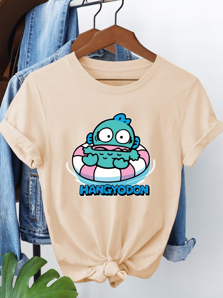 Women'S  HANGYODON Graphic T-Shirt Casual Crew Neck Short Sleeve Tee with Playful Green Character Design Playful Print Trendy