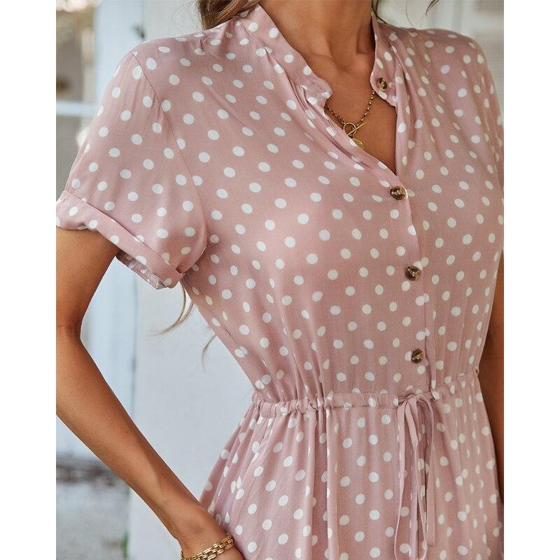 Модные летние элегантные вечерние платья с короткими рукавами для женщин 2023, женское длинное платье с отворотом и пуговицами в горошек на шнуровке 28000