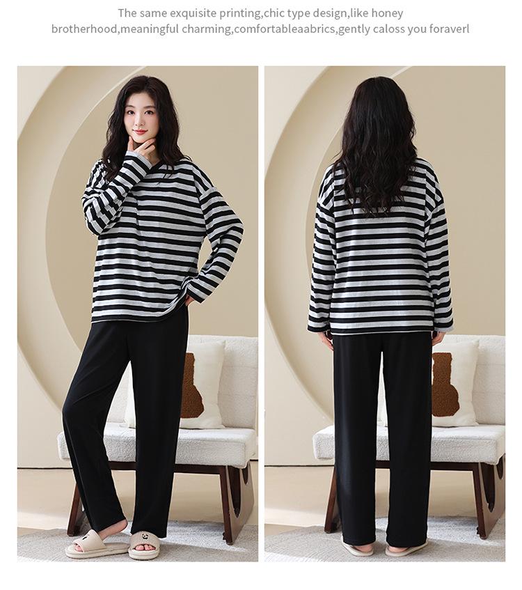 Женская осенняя пижама с круглым вырезом, в полоску, с длинным рукавом и нагрудными вкладышами - Повседневный комплект больших размеров для дома и улицы