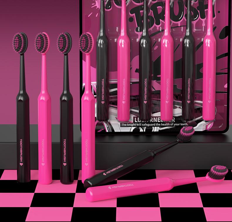 LR Black Pink Series Soft Bristle Toothbrushes [Pack of 6] - Wave-Shaped Convex Design for Adults