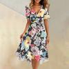 Женское летнее модное расклешенное платье с V-образным вырезом и короткими рукавами с цветочным принтом