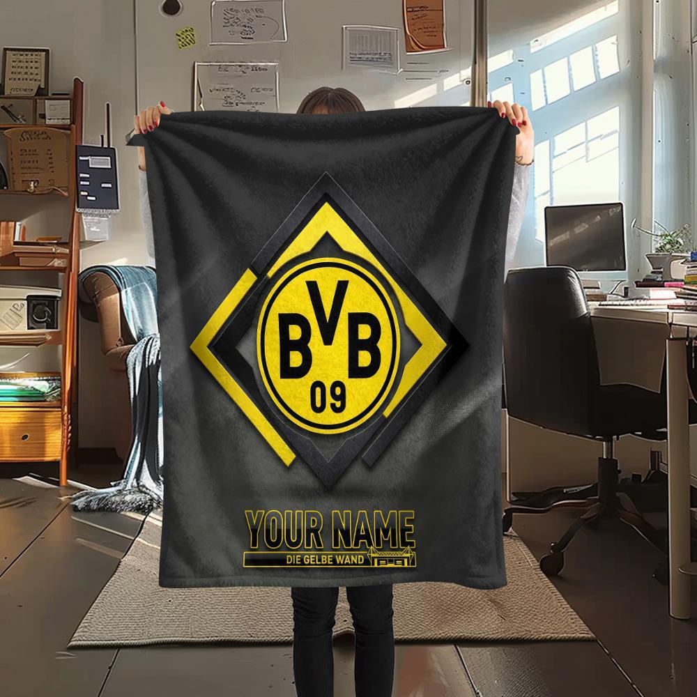 Custom Name Borussia Dortmund Flannel Blanket, High quality Comfortable for All Seasons, Home Decor, Warmth and Comfort