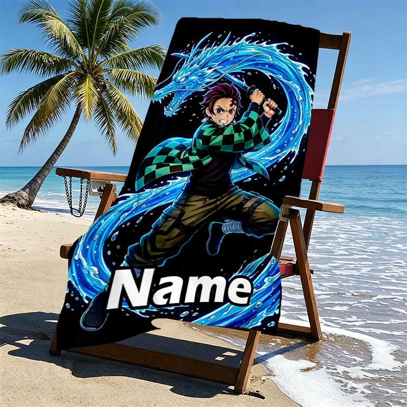 Custom Name Personalized Demon Slayer Print Beach Towel, for Trip Camping Beach Party Home Decor, Birthday Gift for Family & Friends