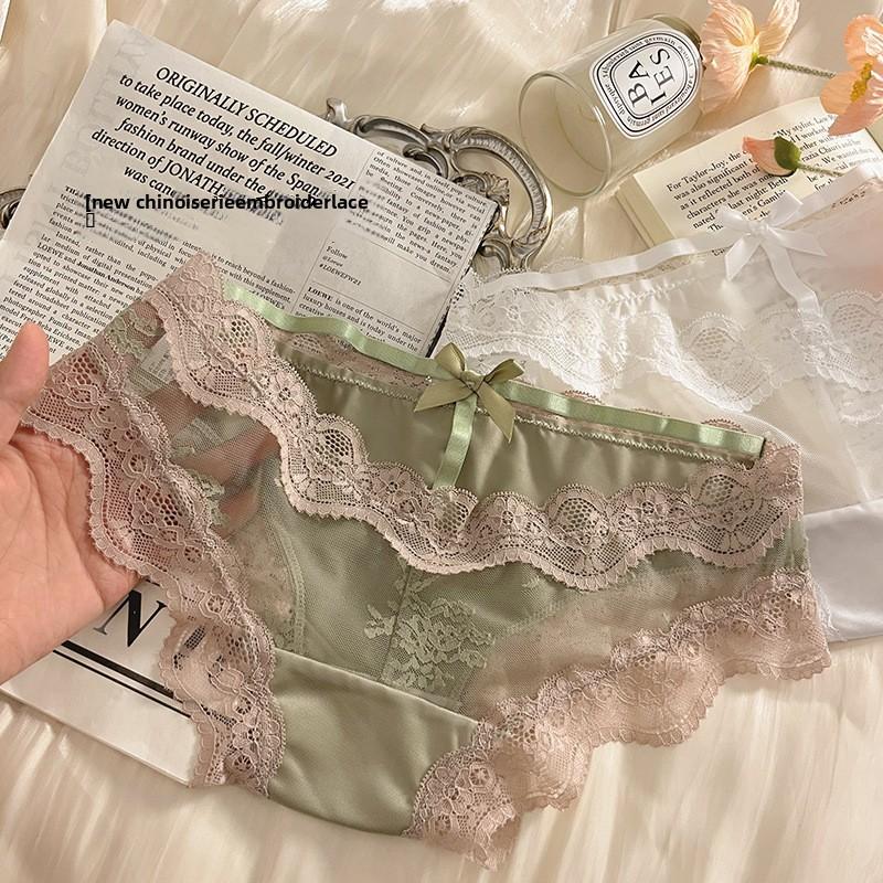 Женские летние тонкие трусы-слипы с кружевом в стиле дворцового ветра, антибактериальные, с низкой посадкой