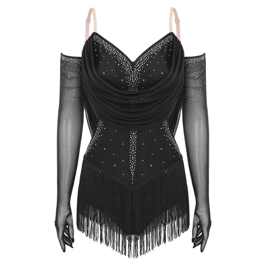 Womens Sparkling Tassel Dancewear Mesh Draped Leotard Rhinestone Fringed Bodysuit Adjustable Strap Gymnastics Outfit