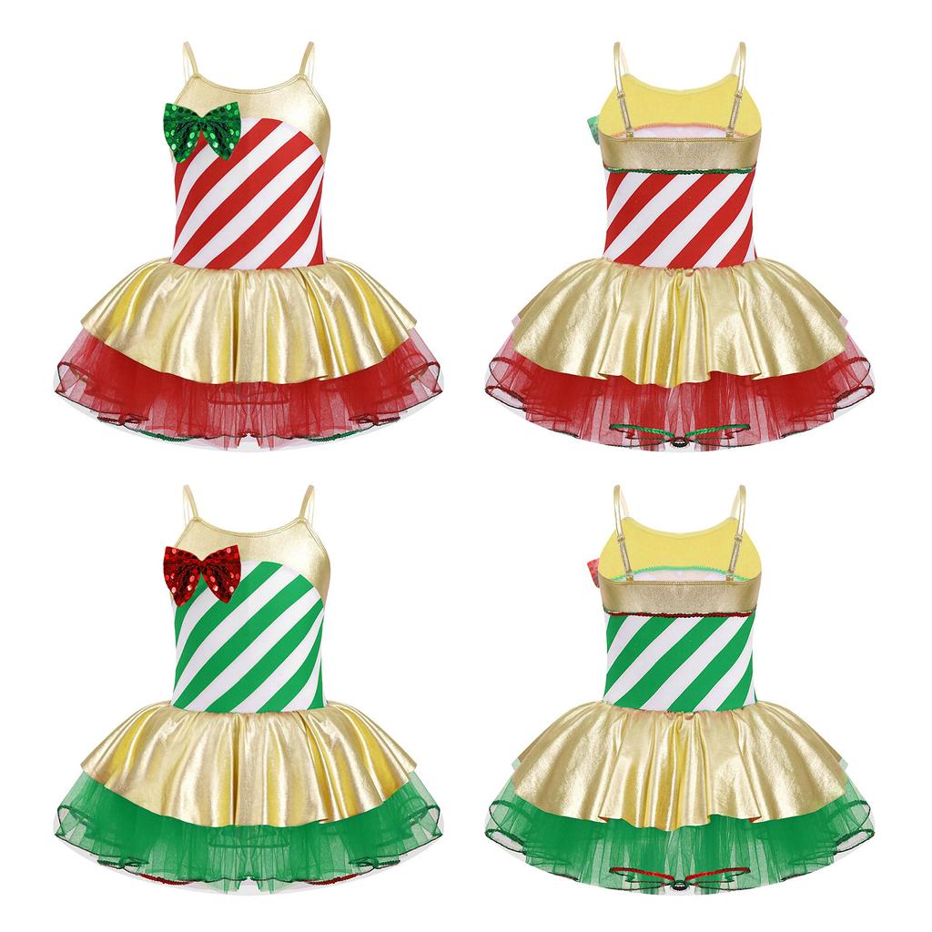 Girls Adjustable Straps Cami Dress Stripes Print Sequins Bowknot Mesh Tutu Dress Dance Jumpsuit Costume
