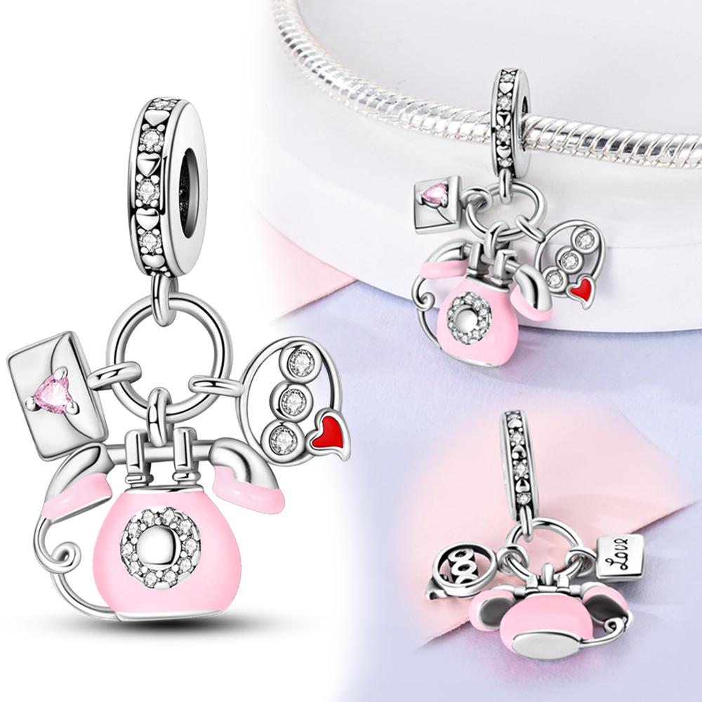 Charms Plata Pink Telephone Heart Envelope Pendants Fit Original Bracelets Charms For Women Jewelry Diy Making Gifts