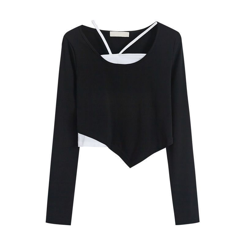 Необычный дизайн футболки, женский топ с длинными рукавами и шейным ремешком, тонкий, тонкий, в стиле пэчворк, искусственный комплект из двух предметов, яркое лето