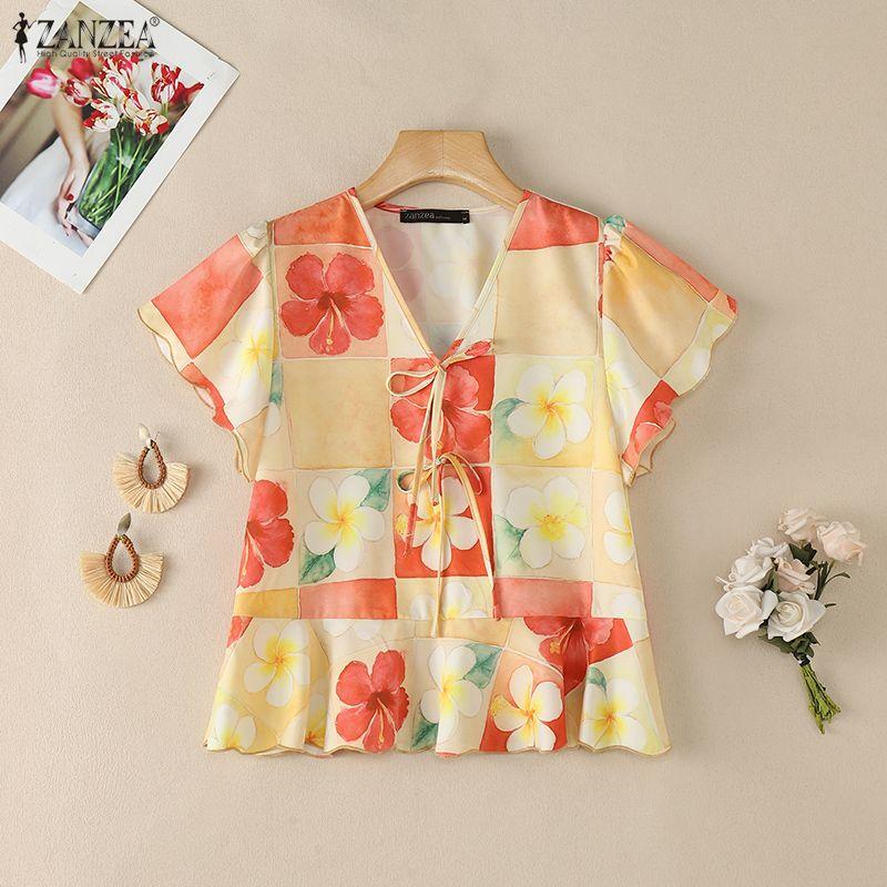 Elegant Floral Women Zanzea Print Casual Vneck Short Sleeve Blouse