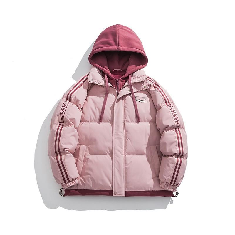 Womens Color Block Striped Faux Two-Piece Hooded Padded Coat Thick Warm Winter Outwear