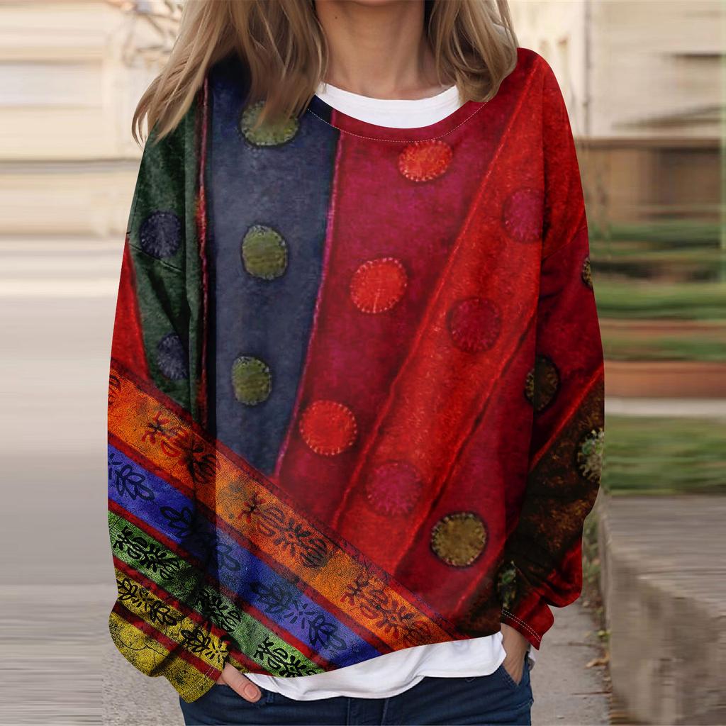Women's Casual Fashion Vintage Printed Long Sleeve O-Neck Sweatshirt Layer Pullover Top