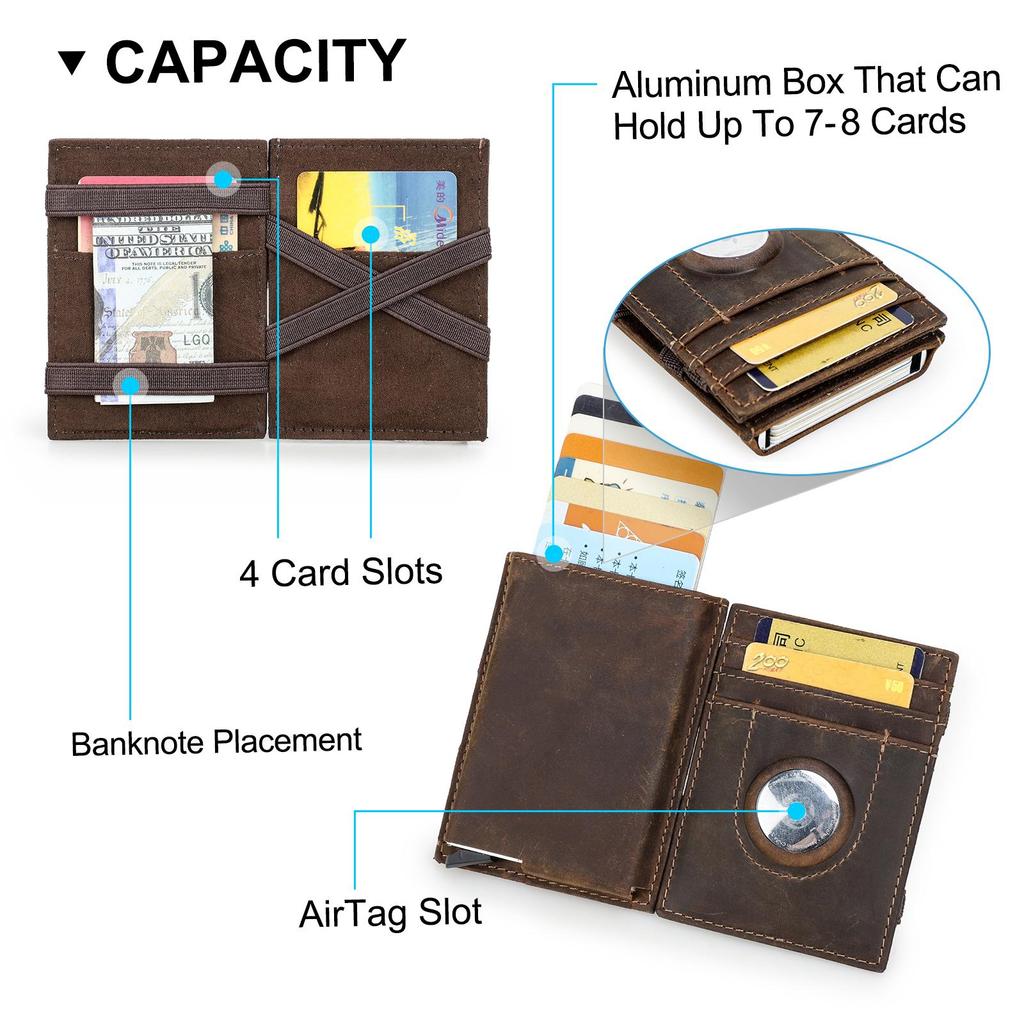 CONTACT'S Genuine Leather Card Holder for Men Aluminum Alloy Wallets with Airtag Slot RFID Blocking Anti-theft Card Wallet Magic Wallet