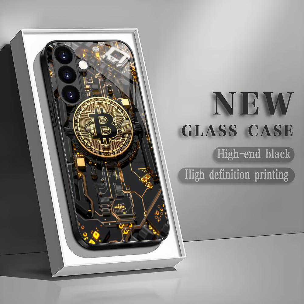 Золотой чехол из закаленного стекла для телефона Bitcoin, подходит для Samsung Galaxy S26 S25 S24 S22 S21 S20 FE/Ultra/Plus, противоударная задняя крышка