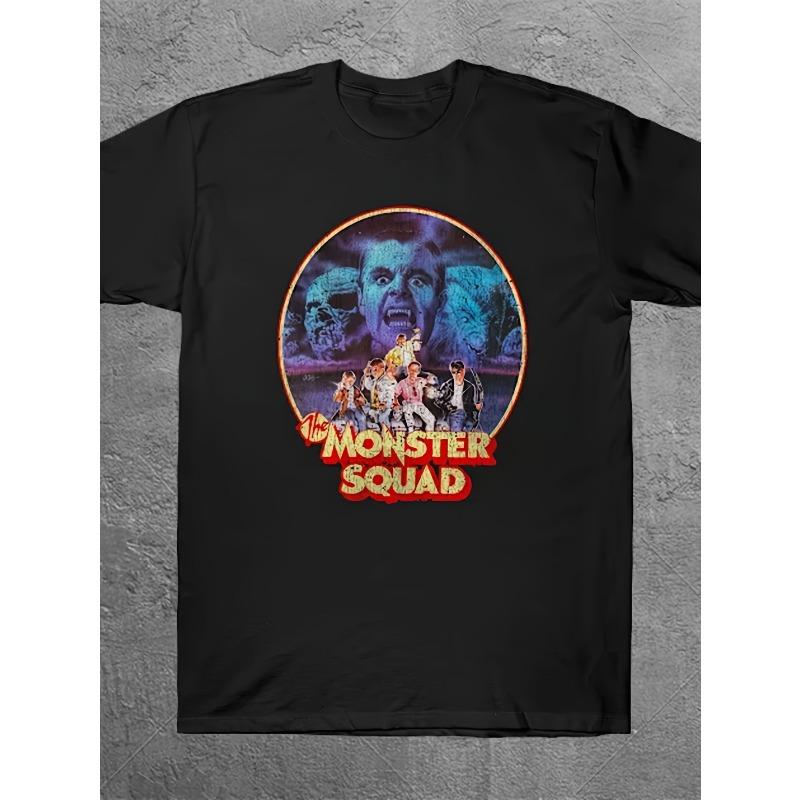 Unisexs Retro Monster Squad Pattern Tshirt Black Cotton Round Neck Casual Oversized Tshirt With Vibrant Movie Poster Design
