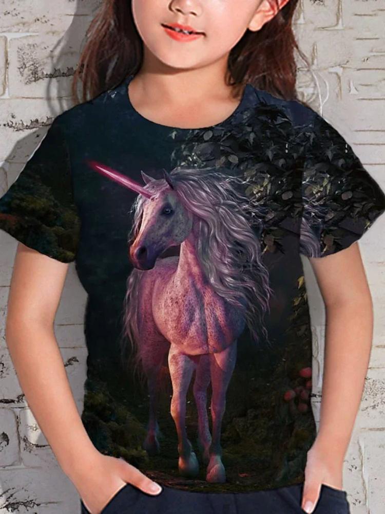 Девочки Животные Единорог Футболка С короткими рукавами 3D принт Лето Весна Активный Мода Милый стиль Полиэстер Дети На открытом воздухе Повседневные В помещении Обычный