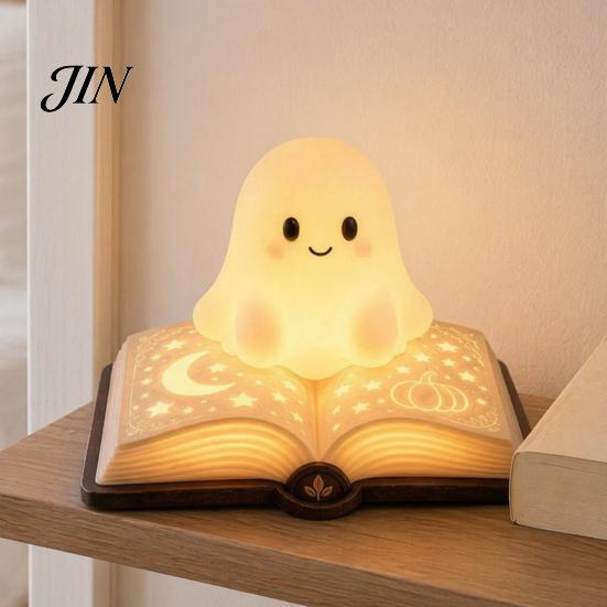 Durable Small Table Lamp Magic Book Ghost Night Light, Resin Tabletop Warm Glow with Moon Soft Yellow Light Star Relief, Cute Bedside Sleeping