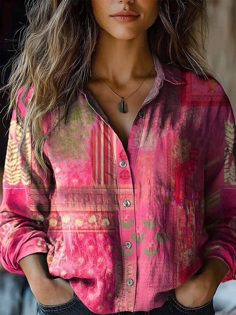 Женская повседневная рубашка с ретро-принтом, длинный рукав, 2025 г. - Весна/Лето, смесовая ткань хлопок/лен