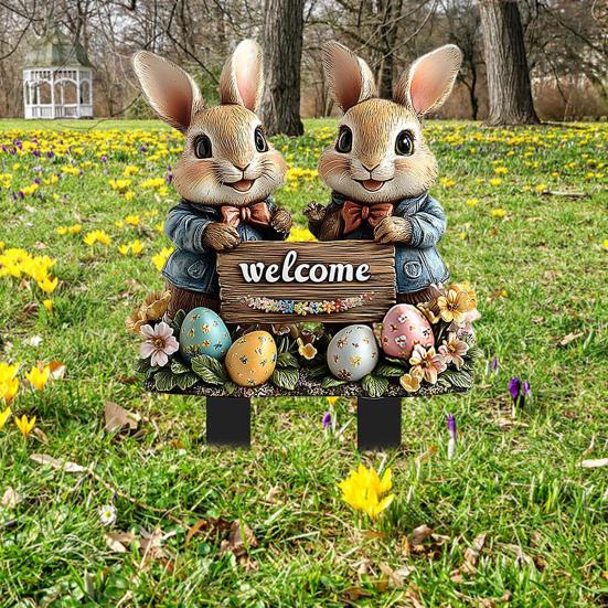 Easter Garden Stake 2D Acrylic Bunny Yard Decor Stake Cartoon Rabbit Colored Eggs Welcome Sign Stake Fairy Garden Accessories for Lawn Porch