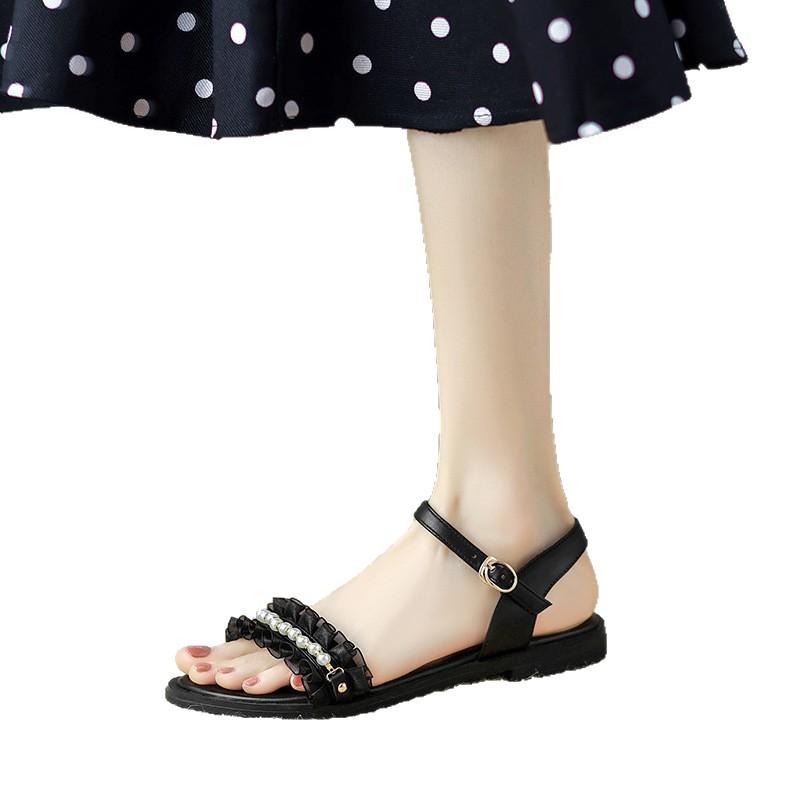 First Layer Cowhide Comfortable Sandals Women'S Flat Sandals Summer New Korean Version Fashion Pearl Sweet With Skirt Shoes
