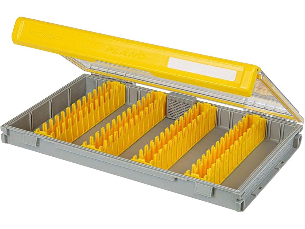 Plano Edge 3700 Вертикальная коробка для джиг-спинбейтов для хранения рыболовных снастей Серая и желтая Вмещает до 52 вертикальных приманок Защищенная от ржавчины Водонепроницаемая Коробка-органайзер для приманок & - - -