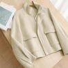 Fall Winter Woolen Coat with Side Pockets Zp-up Press Button Turn-down Collar Solid Color