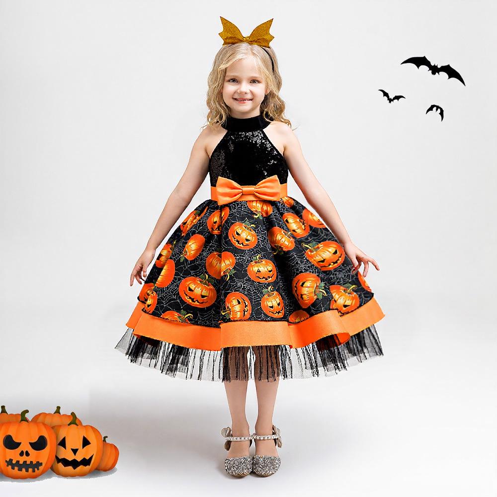 Halloween Kids' Formal Costume - Girls' Witch & Pumpkin Print Party Dress