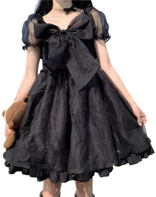 Lady Lazy Lolita Gothic Lolita Короткий рукав Шифоновое цельное платье с лентой Косплей Выше колена [Lady Lazy] (М, Черный)