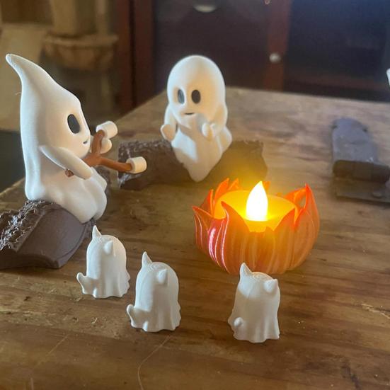 Ghost Campfire Gathering Scene Resin 2 Ghosts with Cat/Dog Making Smores Figurine Flickering LED Bonfire Halloween Night Light