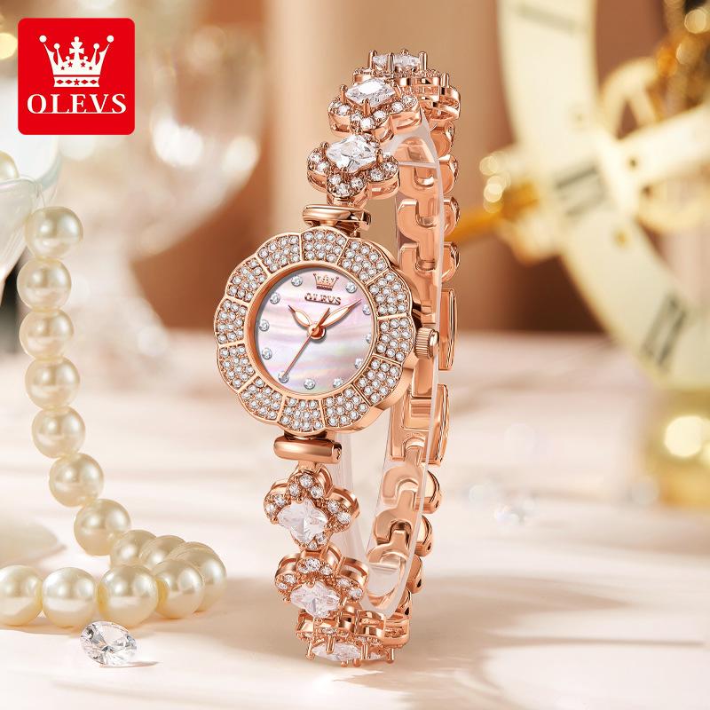 Ladies' Light Luxury Fashion Watch Full Diamond Inlaid Petal Shaped Dial Valentine's Day Gift Creative Quartz Watch