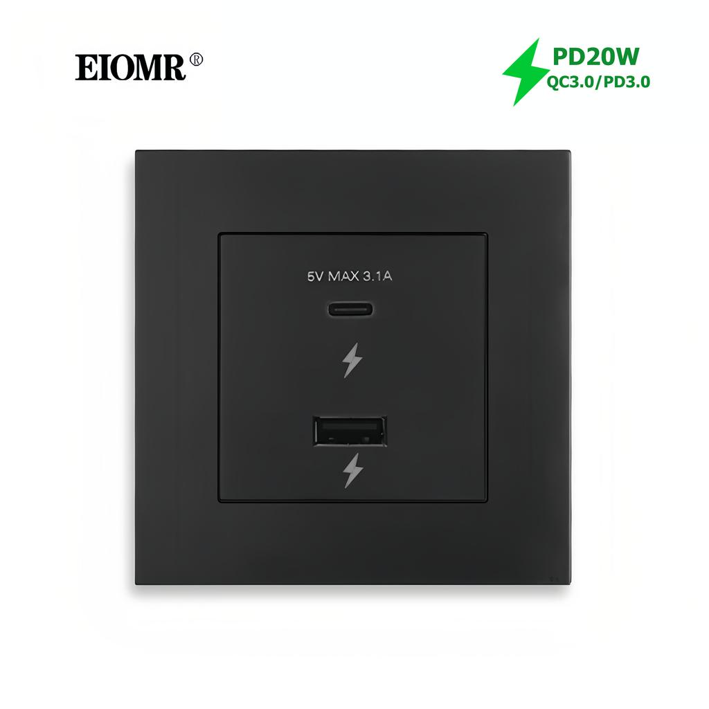 EIOMR 16A Израильская настенная розетка, порт для зарядки USB C/USB A, Белый Черный Огнестойкая панель из ПК Одиночная Двойная Израильская розетка