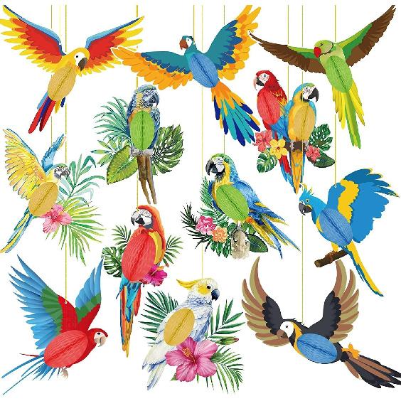 12 Pcs Tropical Birds Honeycomb Hanging Parrot Paper Cutouts Hawaiian Summer Beach Luau Party Hanging Decorations Tiki Bar Party Supplies Safari