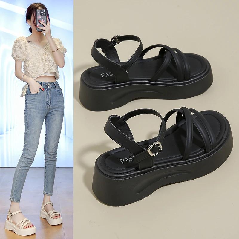 Women's Sandals Platform Sole One-line Buckle Narrow Band Shoes Women Leisure Daily Round Toe Roman Concise Sandalias De Mujer