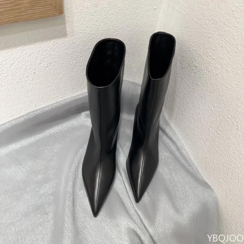 Осенняя и зимняя мода Новые остроносые ботильоны на кошачьем каблуке для женщин Низкий каблук Тонкий каблук Ретро Широкий голенище Женские ботильоны средней высоты