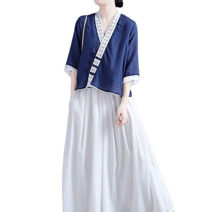 Women's Cotton Linen V-Neck Cardigan - Loose Fit, 3/4 Sleeve, Summer Retro Color Block Design