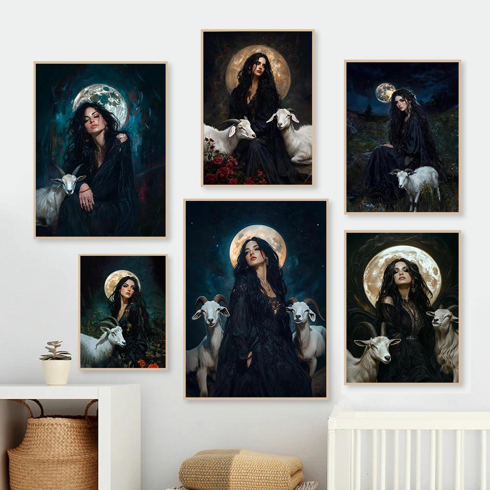 Викторианский стиль Ведьма Лунная Богиня Темная Академия Ретро Постеры Принты Холст Живопись Настенная Картина Гостиная Домашний Декор