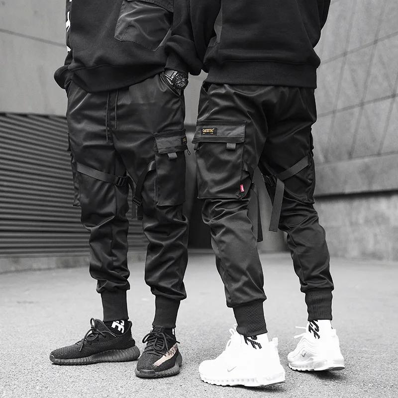 Classic Streetwear Hip Hop Joggers Men Letter Ribbons Cargo Pants Pockets Track Tactical Casual Male Trousers Sweatpant