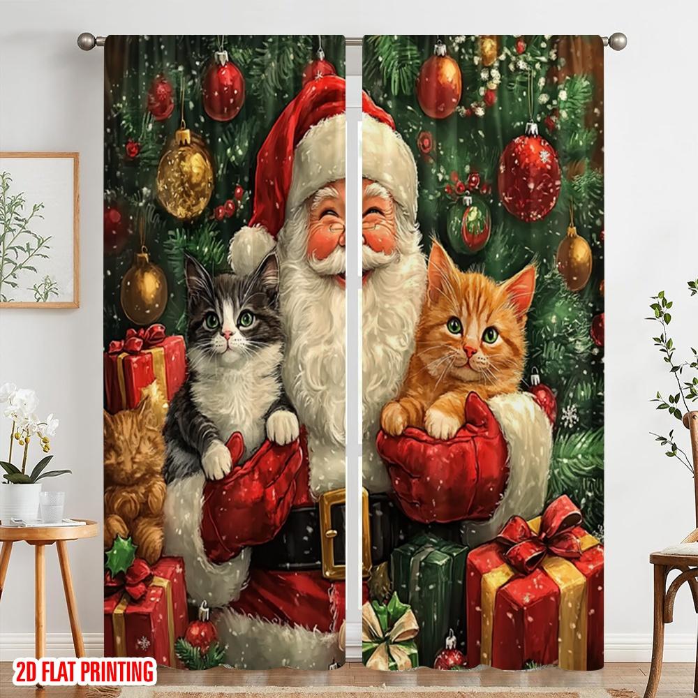 2pcs,2D Plane Printing Creative Curtains Santa Kitten Christmas Presents (2) Polyester Woven (without Rod) Decorations Inside
