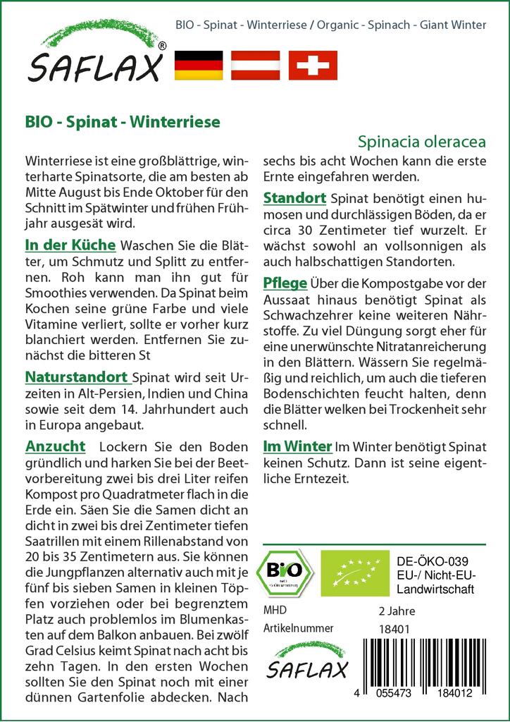 SAFLAX Garden in the Bag - Органический - Шпинат - Giant Winter - 250 семян - С субстратом в подходящем пакете - Spinacia oleracea