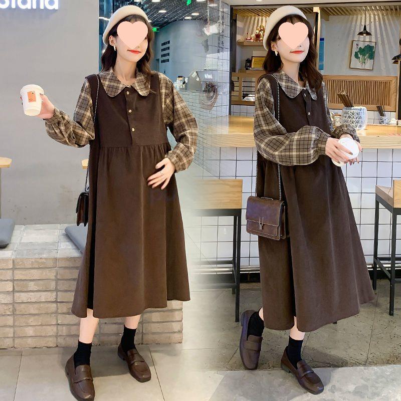 Spring & Autumn Plaid Two-Piece Maternity Dress