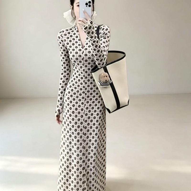 V Neck Long Sleeve Dress Women Slim Fit Floral Print Elegant Casual Daily Wear