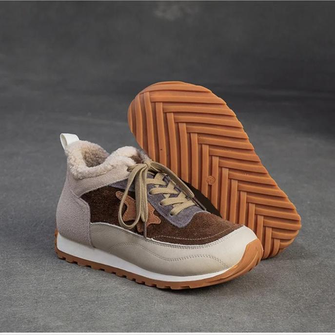 Johnature Warm Plush Cotton Shoes Versatile Lightweight Round Toe Lace-up Casual Women's Shoes