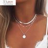 Fashion Layered Necklaces Blade Snake Chain Silver Gold Coin Pendant Necklace Boho Bead Jewelry For Women Girls Party Jewelry