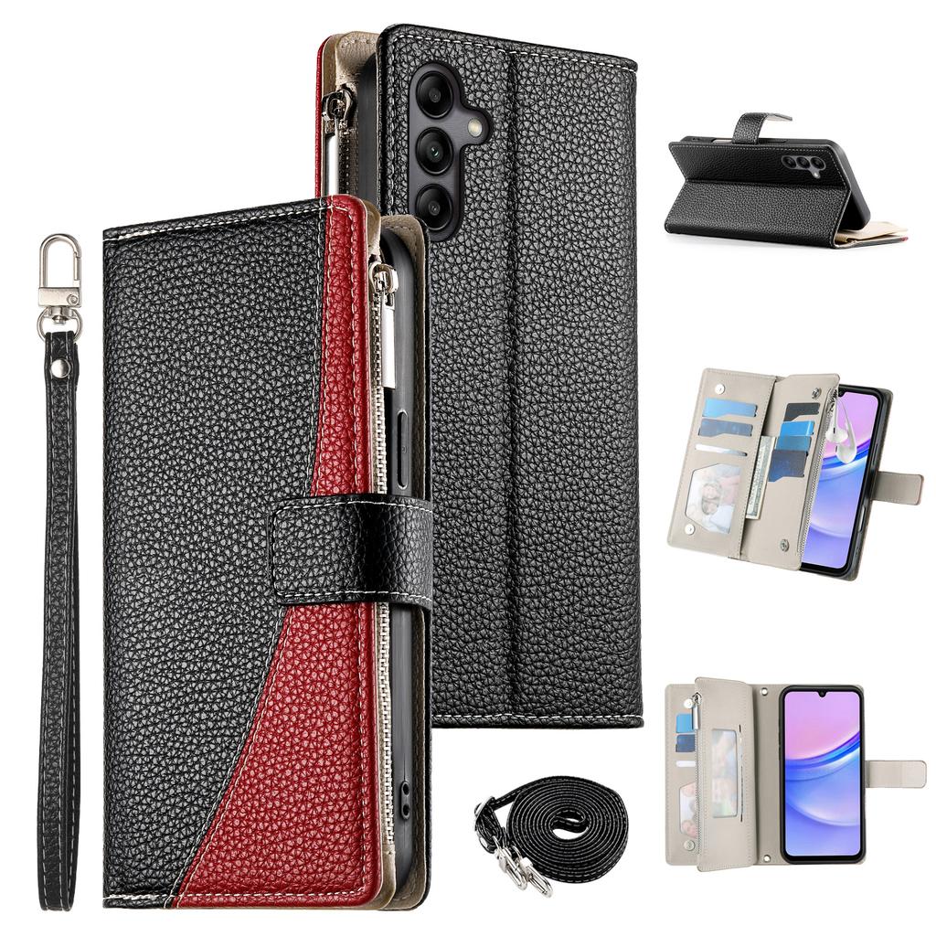 For Samsung Galaxy A05s 4G Case Zipper Wallet Color Splicing Leather Flip Phone Cover with Straps