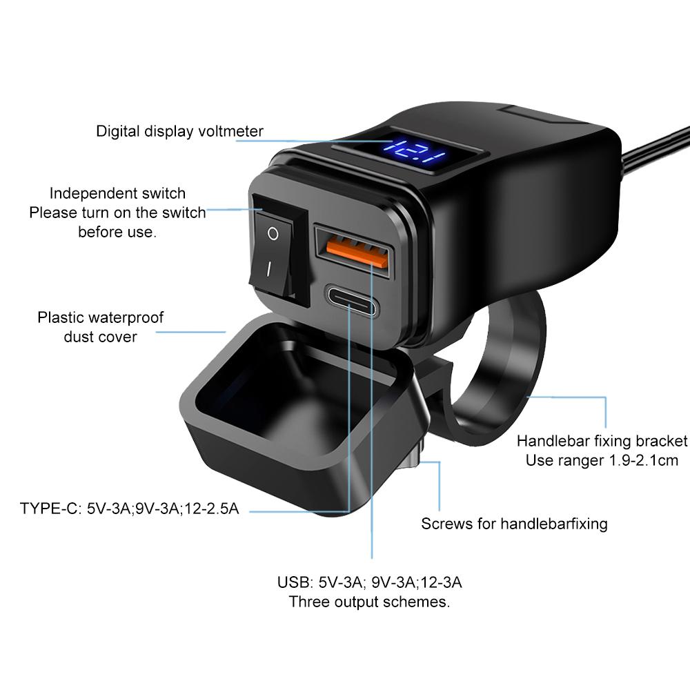 PD+QC3.0 USB-зарядное устройство для мотоцикла, быстрое зарядное устройство, 60 Вт, руль, два разъема USB с переключателем, вольтметром, водонепроницаемый адаптер питания 12 В
