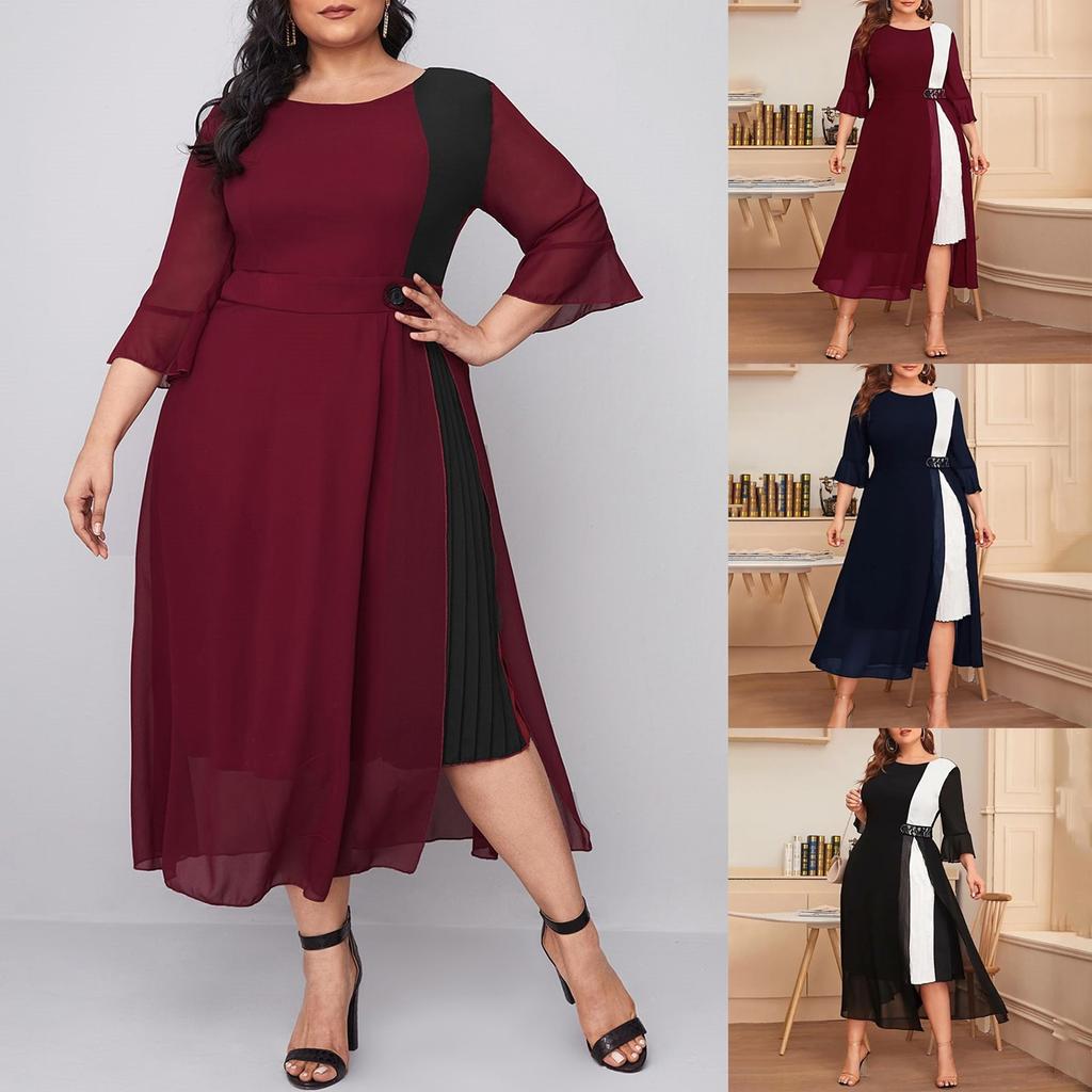 Women's Fashion Plus Size Skirt Chiffon Stitching Collision Color Waist Dress