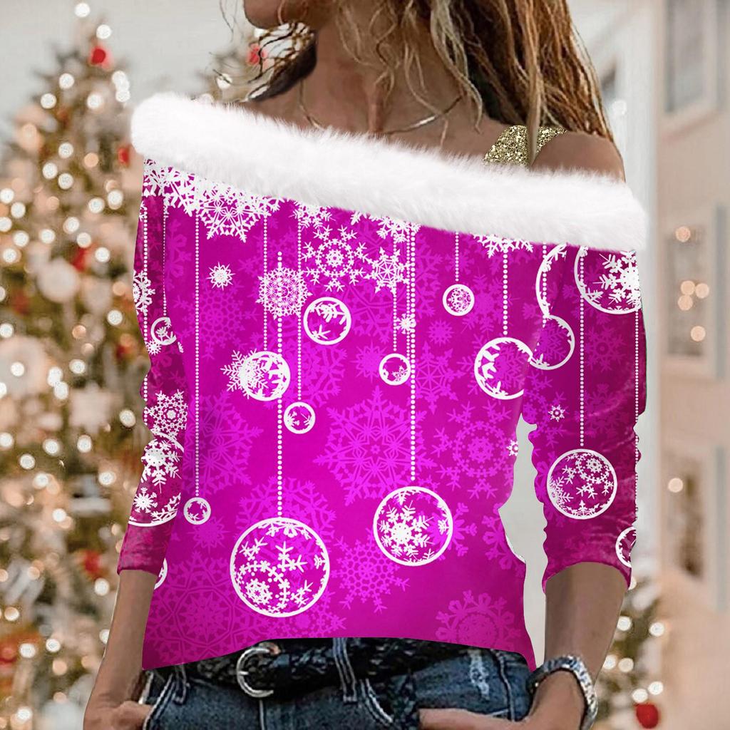 Women's Casual Long Sleeve Slouchy Christmas Printed Plush Fashion Top